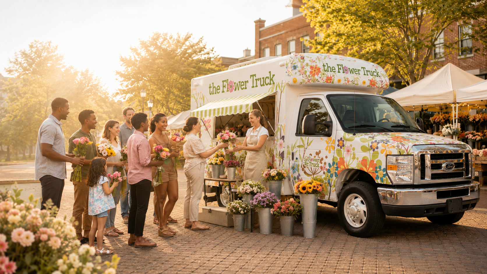 A Flower Truck at a sunlit Southern market with customers gathering for bouquets